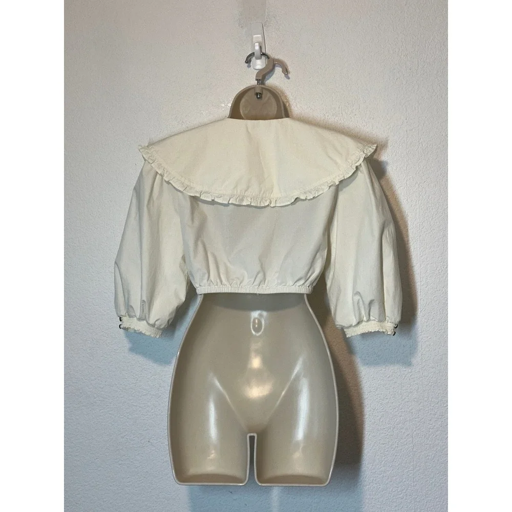 American Eagle Cream Ruffle Peter Pan Collar Cropped Puff Sleeve Blouse Small - Picture 2 of 6